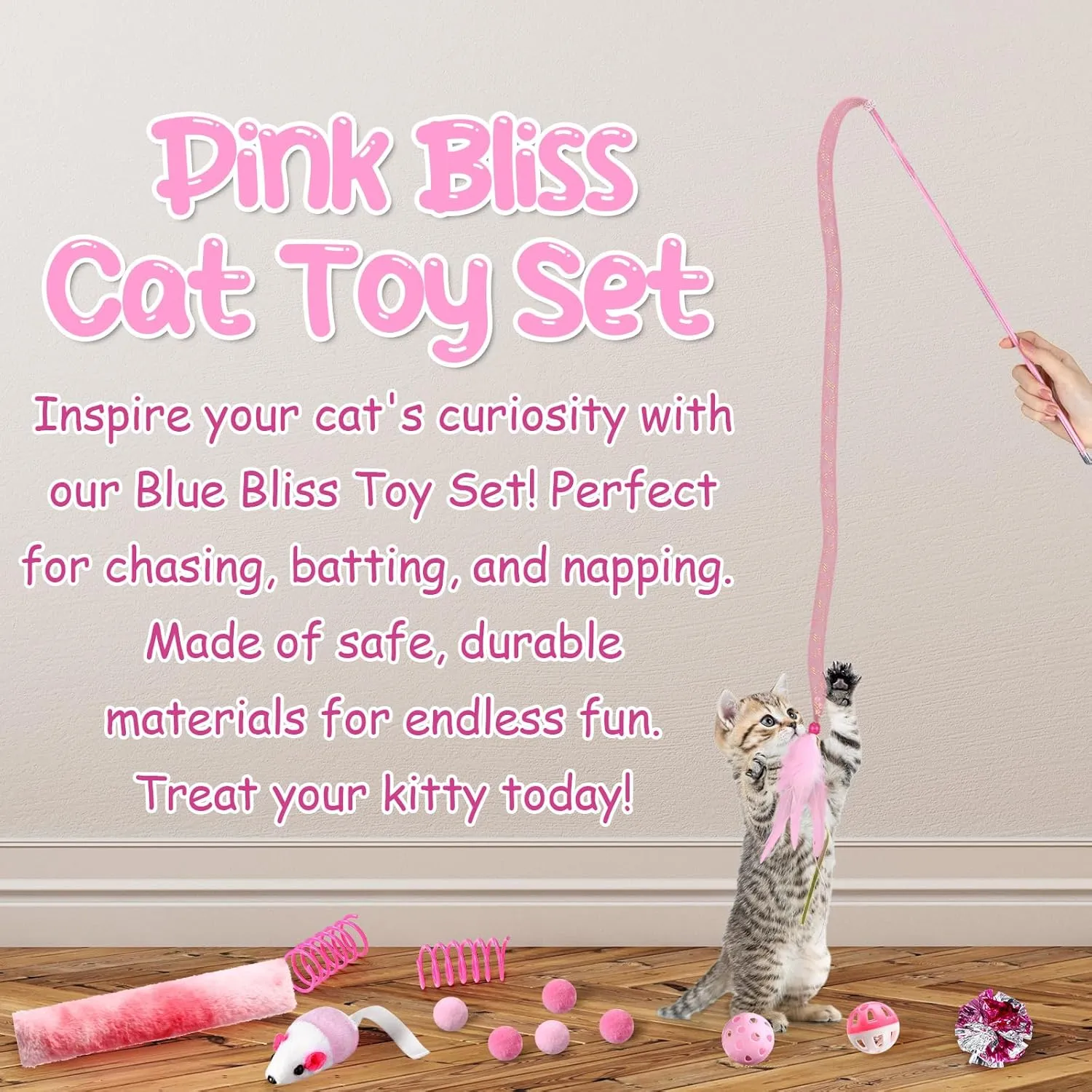 24 Pcs Cat Toys Set Interactive Kitten Toys Pack Including Collapsible Play Tunnel Feather Teaser Wand Fuzzy Ball Springs Pillow Mouse Bells for Indoor Cats Puppy (Pink)