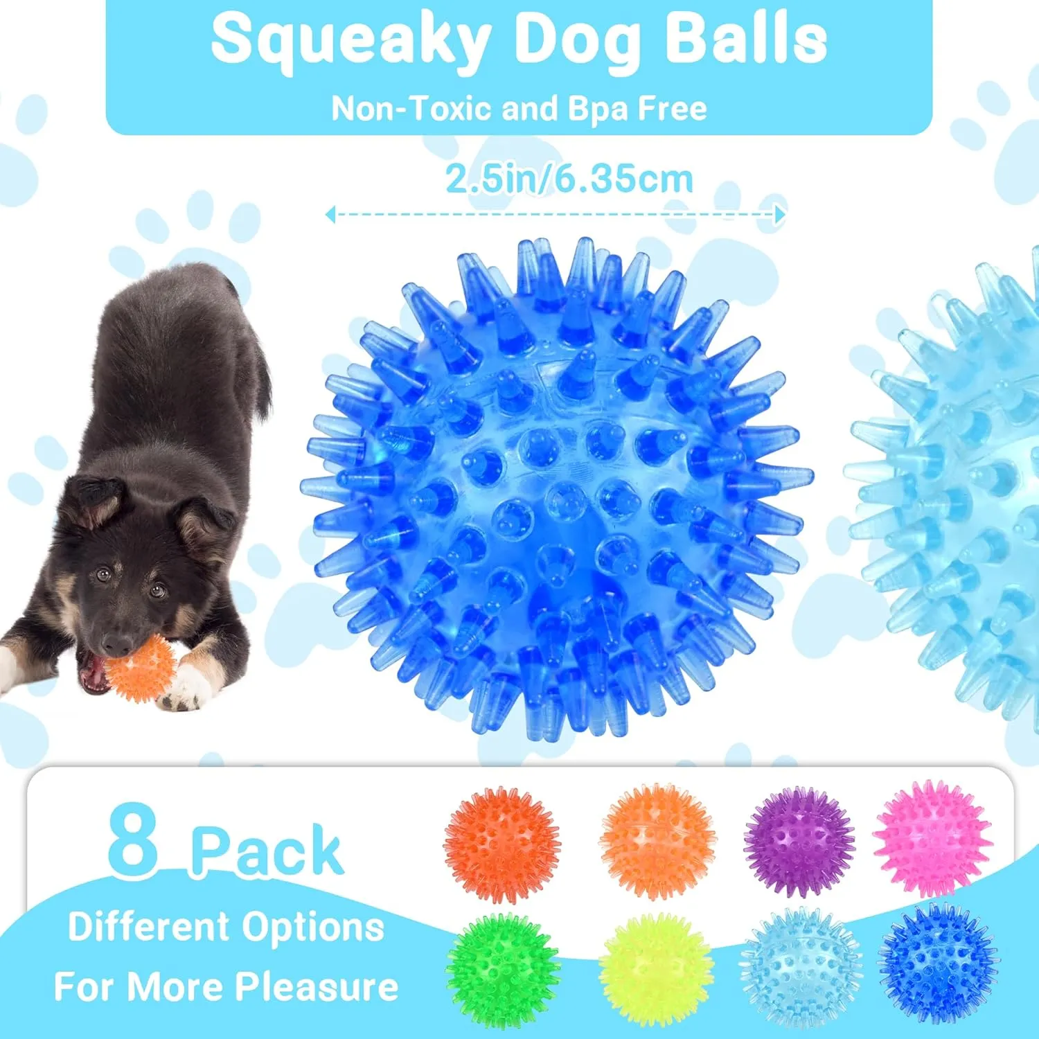 2.5" Squeaky Dog Toy Balls for Small & Medium Dogs  Durable Rubber Chew Toys for Teething Puppies, Spiky Teeth Cleaning Ball with 8 Colors