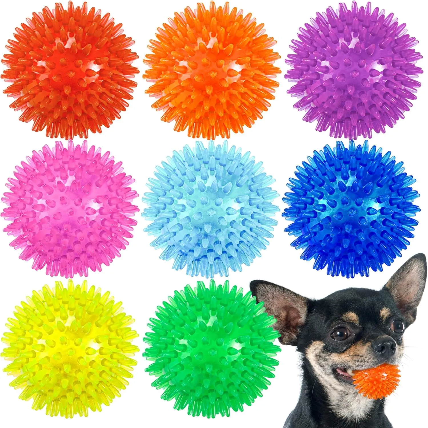 2.5" Squeaky Dog Toy Balls for Small & Medium Dogs  Durable Rubber Chew Toys for Teething Puppies, Spiky Teeth Cleaning Ball with 8 Colors