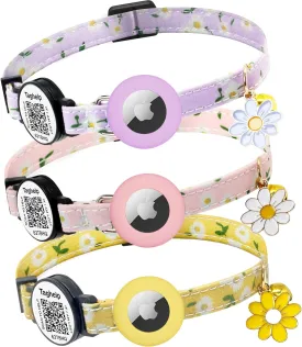 3-Pack Airtags Cat Collars Lightweight and Comfortable, Bells & Flower Charm Collar Breakaway with Silicone with Apple Air Tag Holder,QR Code Smart ID tag for boy&Girl Cats and Puppies,NO APP