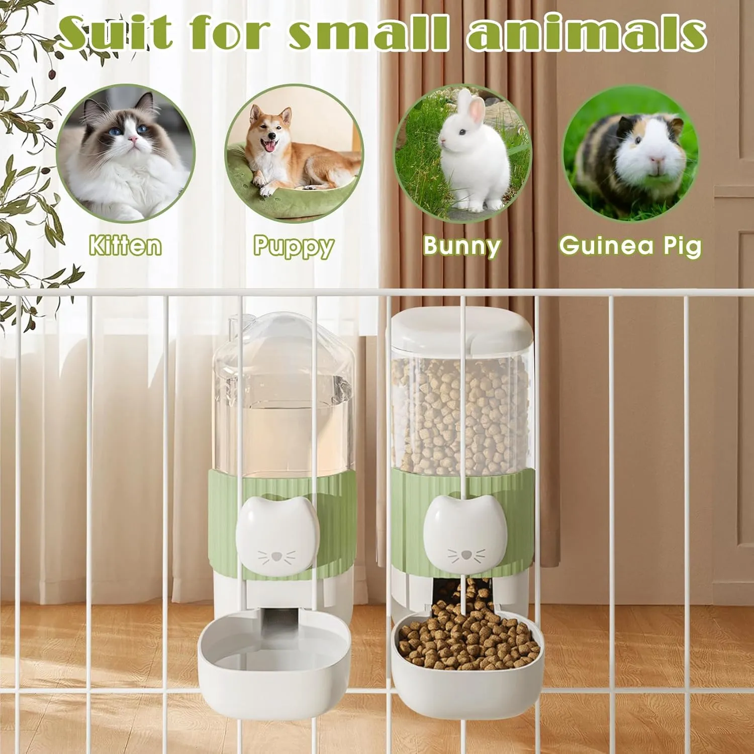 34oz Hanging Automatic Cat Food and Water Dispenser, 1L Auto Gravity Pet Feeder Set, Cage Cat Dog Feeder for Kitten Puppy Bunny Guinea Pig (Green)