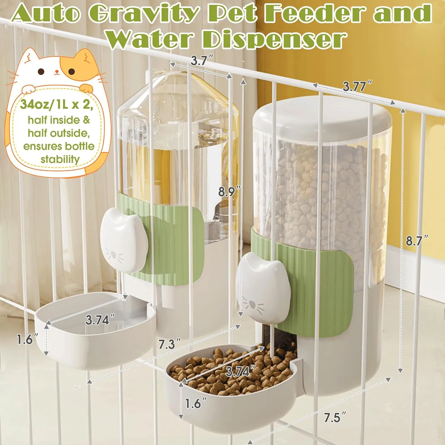 34oz Hanging Automatic Cat Food and Water Dispenser, 1L Auto Gravity Pet Feeder Set, Cage Cat Dog Feeder for Kitten Puppy Bunny Guinea Pig (Green)