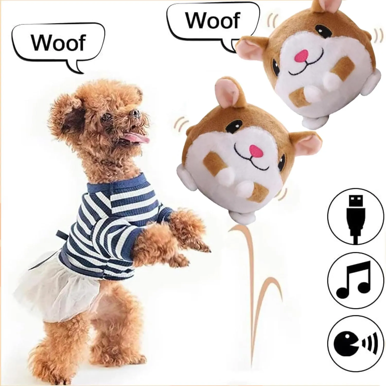 Active Moving Pet Plush Toy, Interactive Dog Toys Pet Bouncing Balls, USB Rechargeable Interactive Washable Cartoon Pig Plush Sound Electronic Dog Toy, Small Cute Squeaky Pig Dog Toy (Hamster)