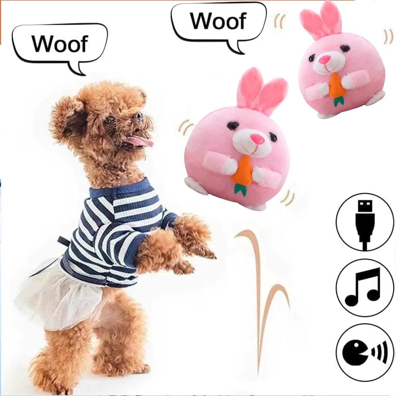 Active Moving Pet Plush Toy, Interactive Dog Toys Pet Bouncing Balls, USB Rechargeable Interactive Washable Cartoon Pig Plush Sound Electronic Dog Toy, Small Cute Squeaky Pig Dog Toy (Rabbit)