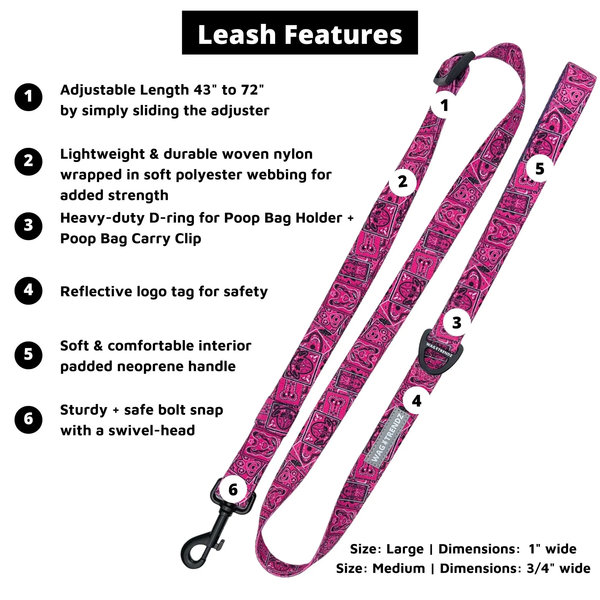 Adjustable Dog Leash | Bandana Boujee Hot Pink