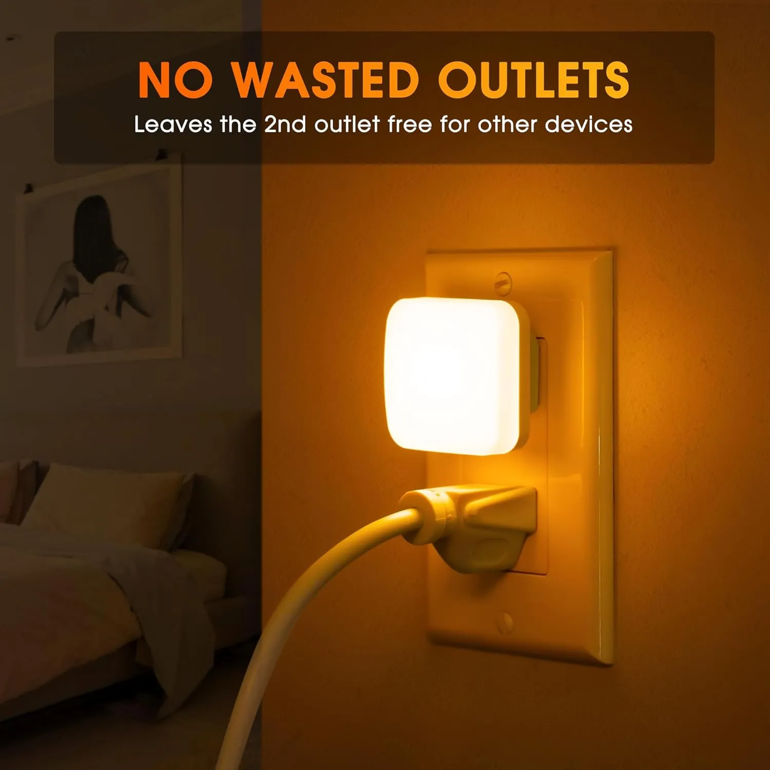 Amber Night Lights Plug into Wall, Nightlights With Light Sensor Dusk to Dawn, 0.3W Square Plug in Night Light for Kids, Amber Night Light for Bathroom Bedroom Kitchen, 2 Pack LED Night Lights