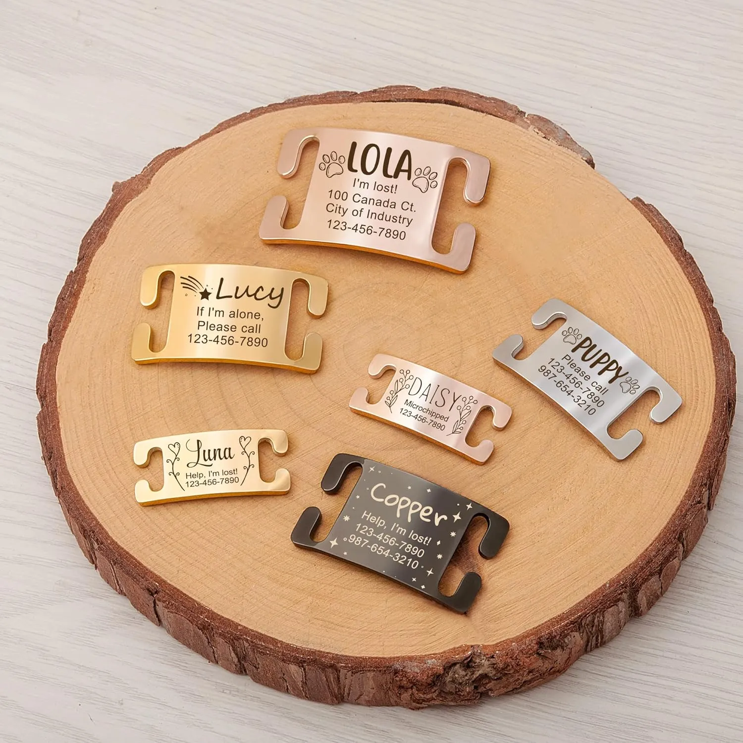 Anavia Slide On Silent Pet ID Tags, Fun Wild Flower Frame Design Personalized Engraved Plated Stainless Steel Cat Dog Name Tags, Glossy Customized Chew-Proof Quiet Dog Collar Tags (Medium, Gold)