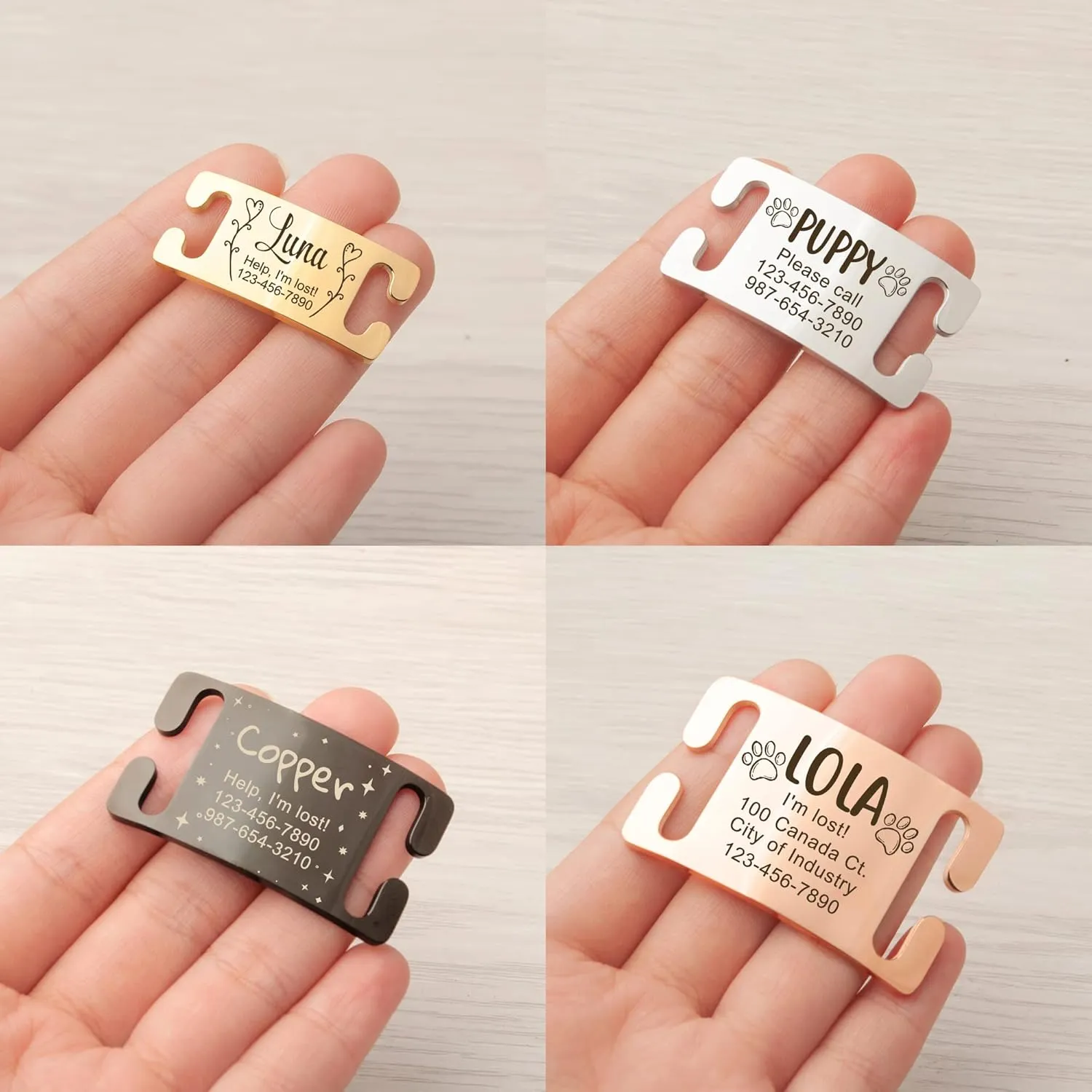 Anavia Slide On Silent Pet ID Tags, Fun Wild Flower Frame Design Personalized Engraved Plated Stainless Steel Cat Dog Name Tags, Glossy Customized Chew-Proof Quiet Dog Collar Tags (Medium, Gold)