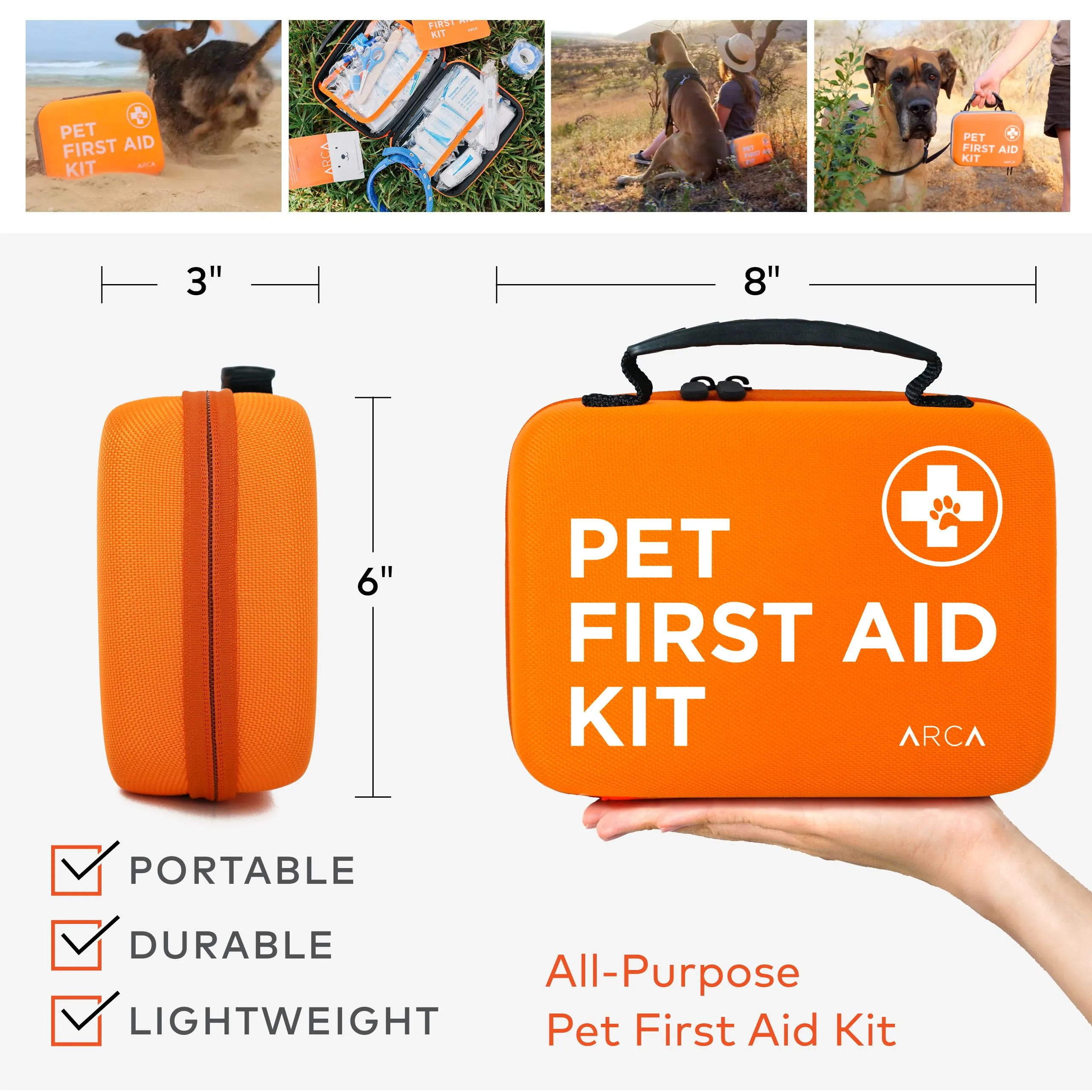 ARCA PET Dog First Aid Kit | Vet Approved Dog & Cat Emergency Supplies with Thermometer, Muzzle, Tick Removal, Flashlight, Mini Pouch, and Comprehensive Care Guide for Travel and Outdoor Use