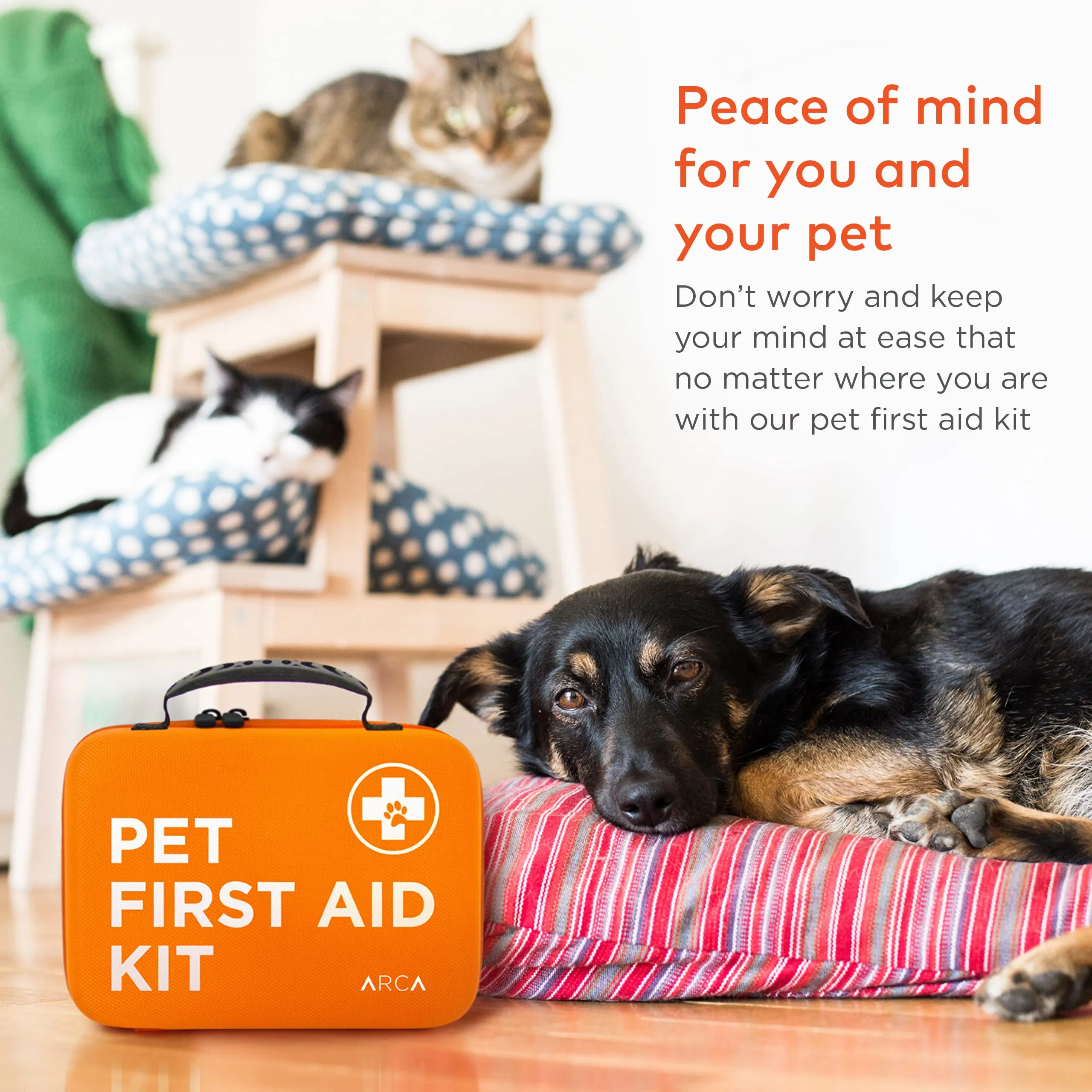 ARCA PET Dog First Aid Kit | Vet Approved Dog & Cat Emergency Supplies with Thermometer, Muzzle, Tick Removal, Flashlight, Mini Pouch, and Comprehensive Care Guide for Travel and Outdoor Use
