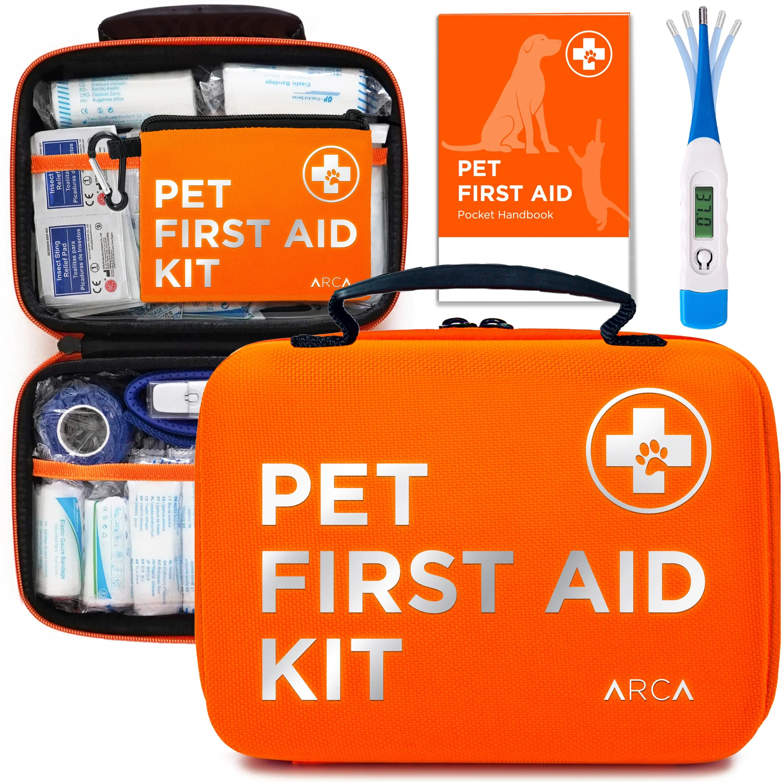 ARCA PET Dog First Aid Kit | Vet Approved Dog & Cat Emergency Supplies with Thermometer, Muzzle, Tick Removal, Flashlight, Mini Pouch, and Comprehensive Care Guide for Travel and Outdoor Use