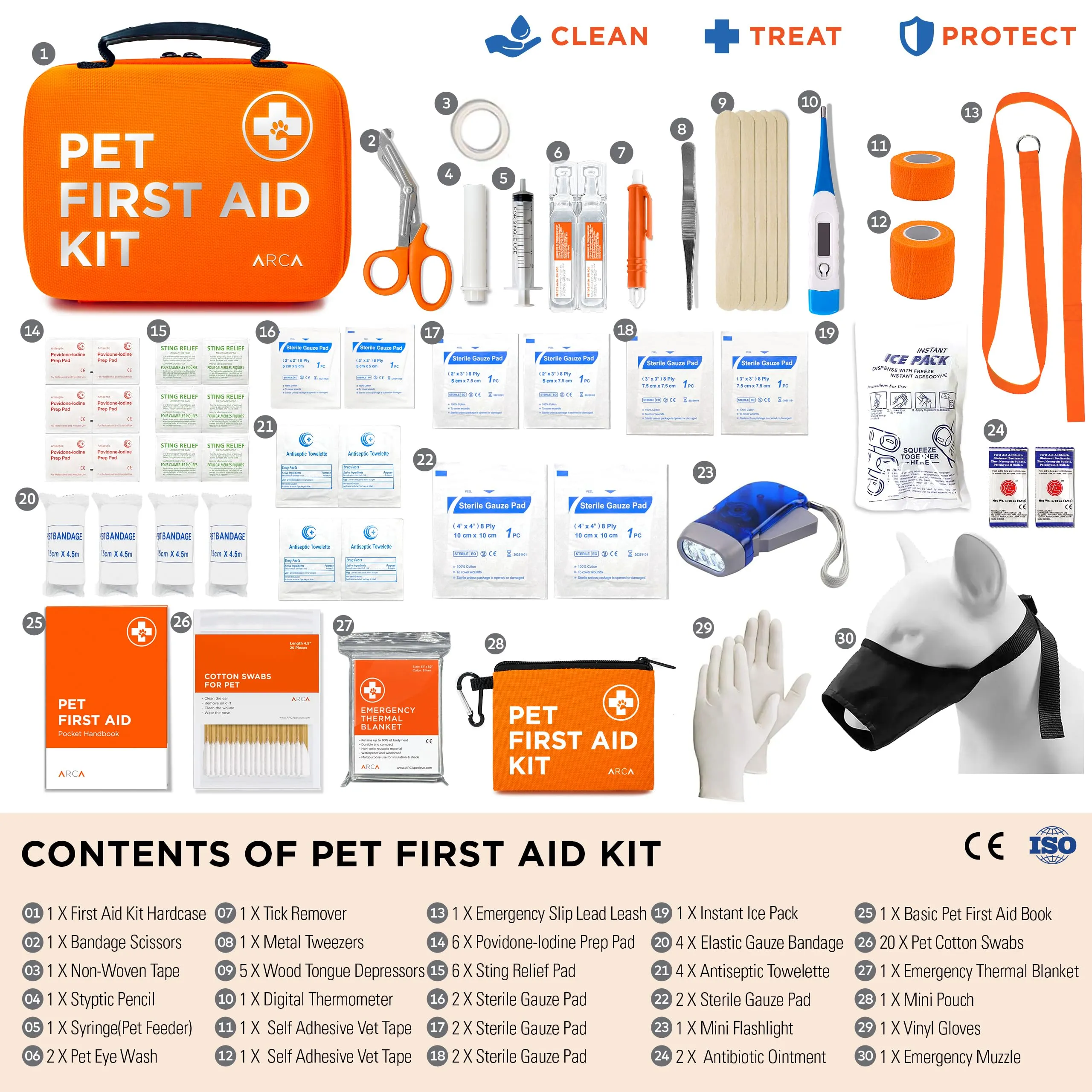 ARCA PET Dog First Aid Kit | Vet Approved Dog & Cat Emergency Supplies with Thermometer, Muzzle, Tick Removal, Flashlight, Mini Pouch, and Comprehensive Care Guide for Travel and Outdoor Use