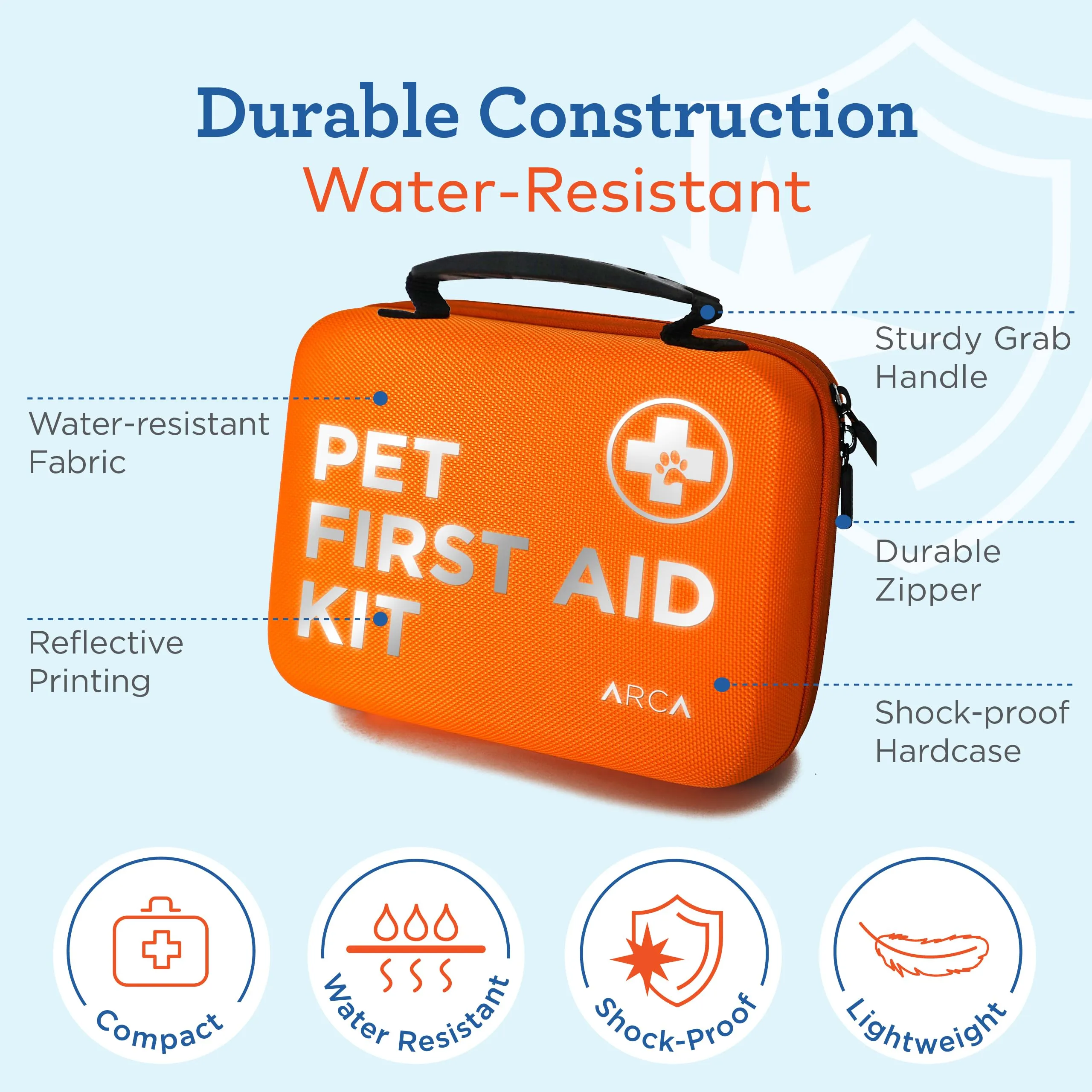 ARCA PET Dog First Aid Kit | Vet Approved Dog & Cat Emergency Supplies with Thermometer, Muzzle, Tick Removal, Flashlight, Mini Pouch, and Comprehensive Care Guide for Travel and Outdoor Use