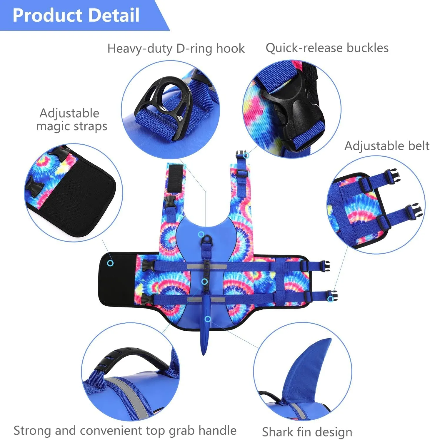 ASENKU Dog Life Jacket - Pet Safety Vest for Swimming & Boating, Shark Life Jacket with Floatation, Dog Lifesavers Swimsuits for Small Medium Large Dogs (Blue Bandhnu, XL)