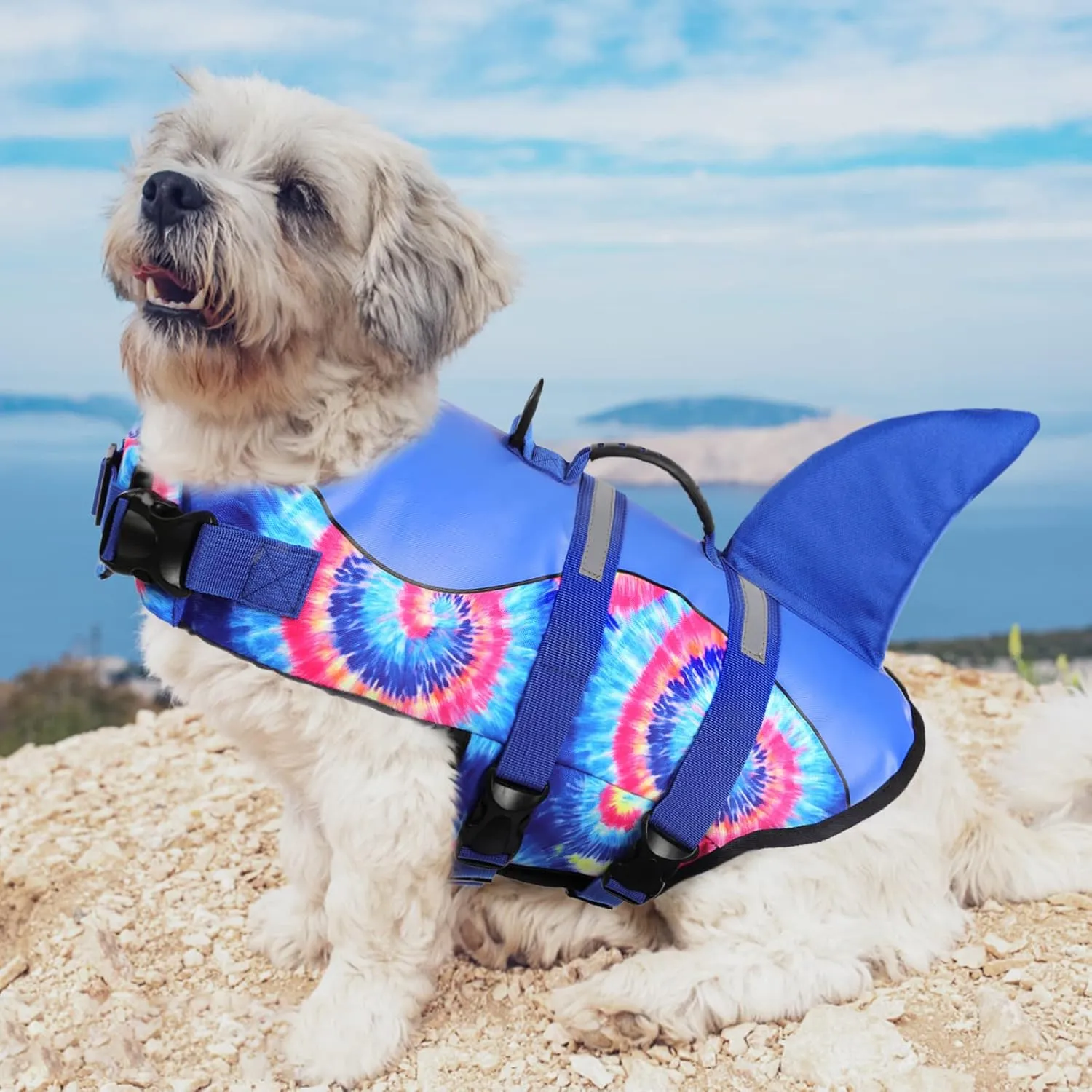 ASENKU Dog Life Jacket - Pet Safety Vest for Swimming & Boating, Shark Life Jacket with Floatation, Dog Lifesavers Swimsuits for Small Medium Large Dogs (Blue Bandhnu, XL)