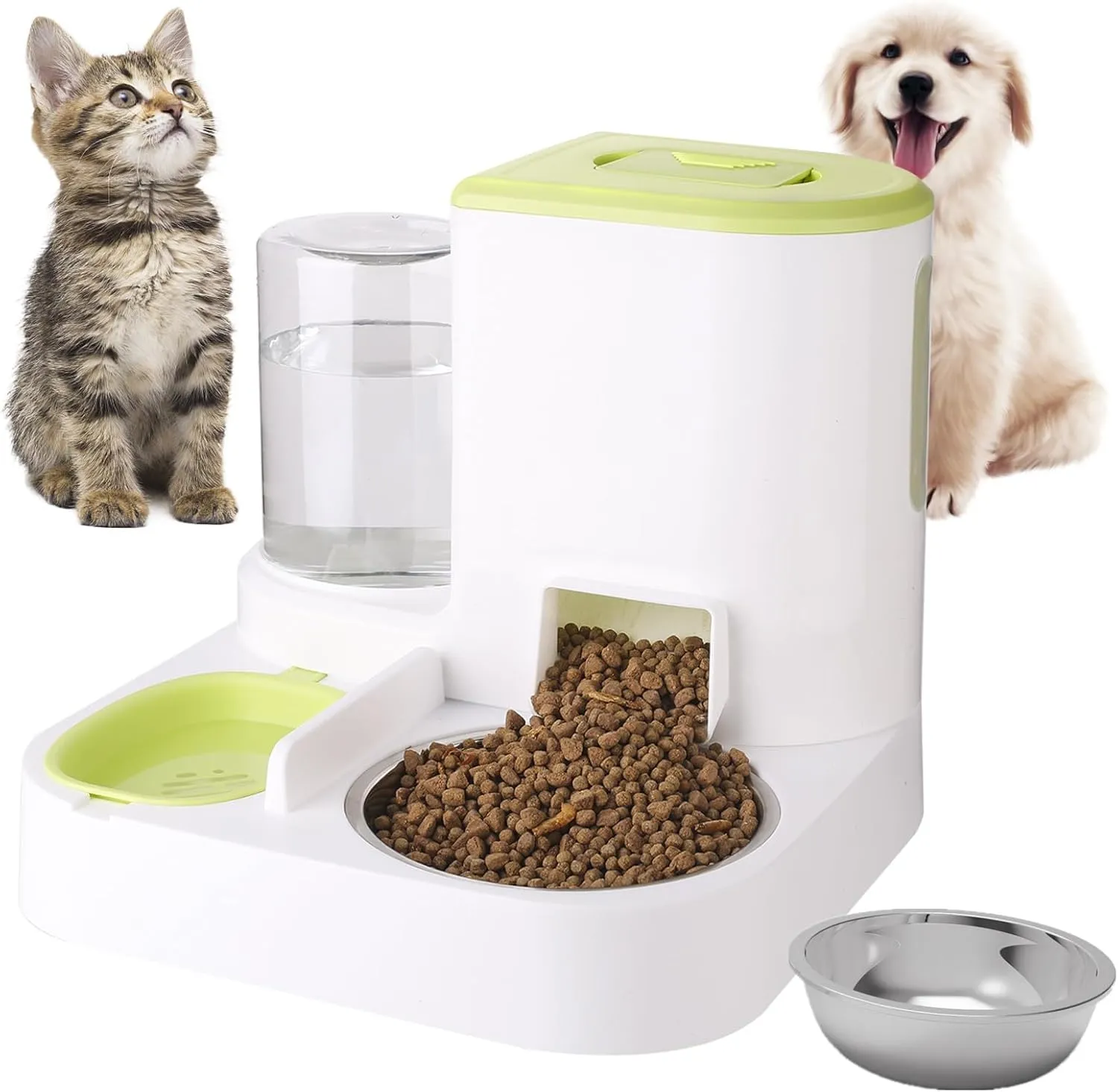 Auto Gravity Pet Food Feeder and Waterer Sets, 2 in 1 Automatic Pet Food Dispenser and Water Dispenser for Small Medium Pet Cats Dog, Cat Dog Food and Water Bowl for Dry Food (Green)