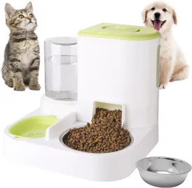Auto Gravity Pet Food Feeder and Waterer Sets, 2 in 1 Automatic Pet Food Dispenser and Water Dispenser for Small Medium Pet Cats Dog, Cat Dog Food and Water Bowl for Dry Food (Green)