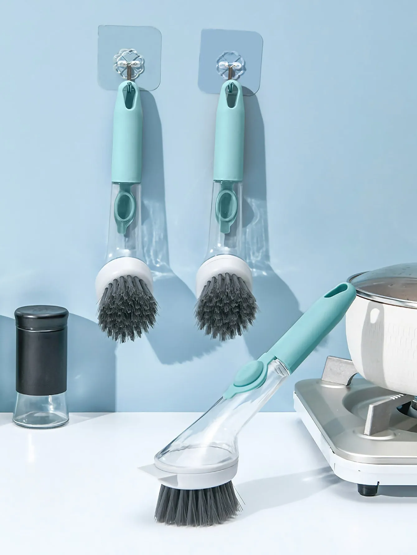 Basic living 1pc Long Handled Plastic Cleaning Brush With Detergent Dispenser,Creative Solid Kitchen Cleaning Pot Brush