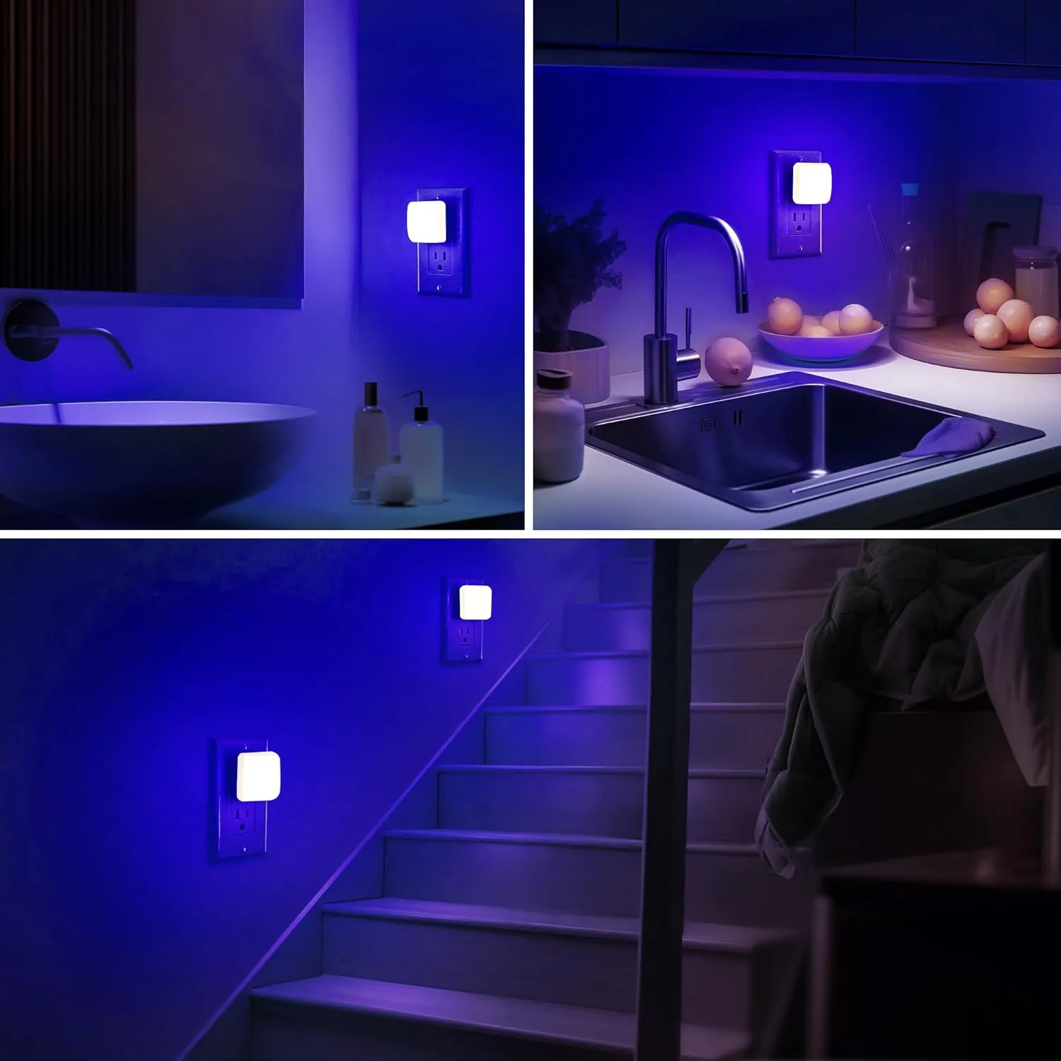 Blue Night Lights Plug into Wall, Nightlights With Light Sensor Dusk to Dawn, 0.3W Square Plug in Night Light for Kids, Blue Night Light for Bathroom Bedroom Kitchen, 2 Pack LED Night Lights