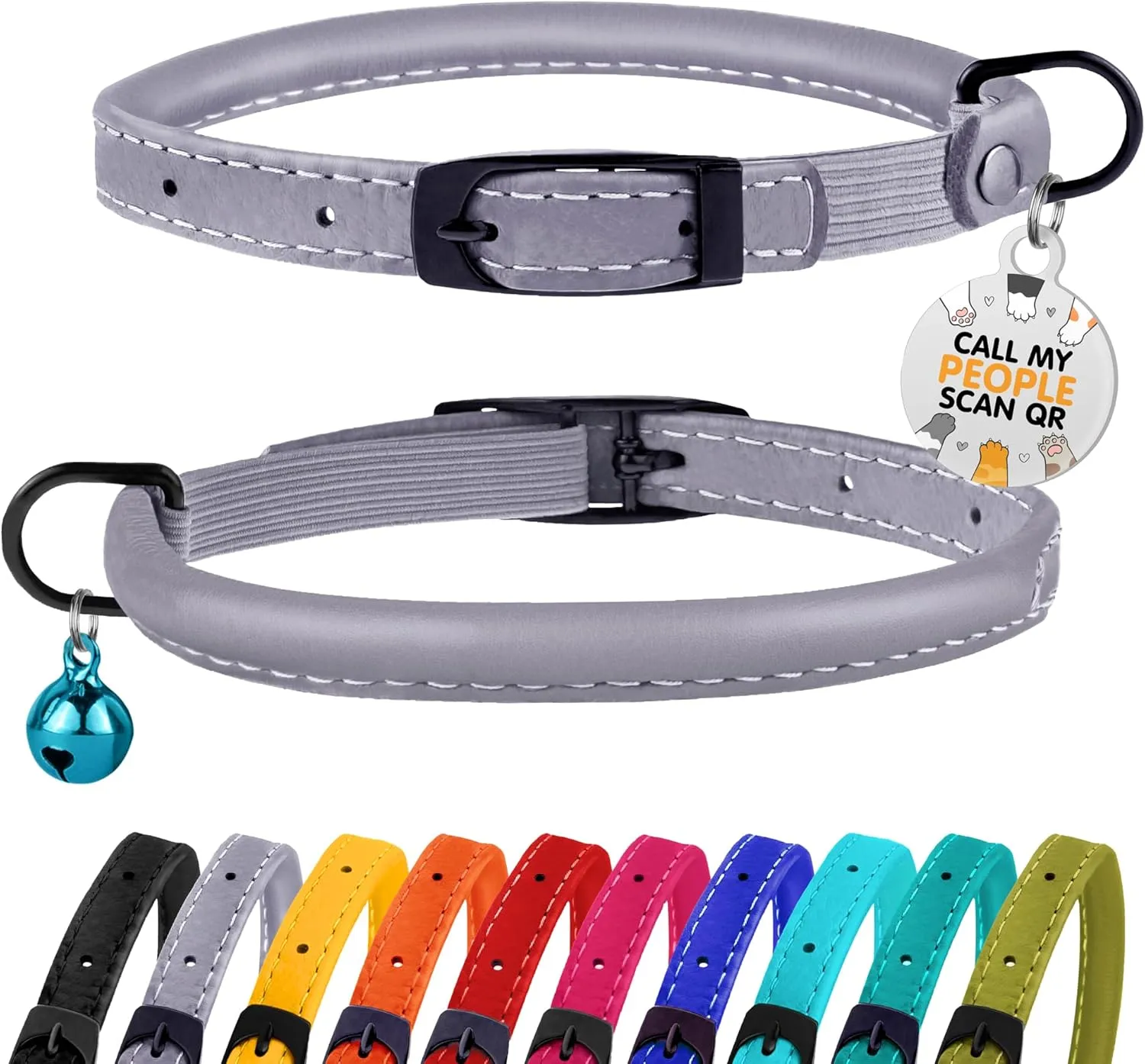 BRONZEDOG Cat Collar with Bell Kitten Rolled Leather Collars Safety QR ID Name Tag (Smoke Grey)