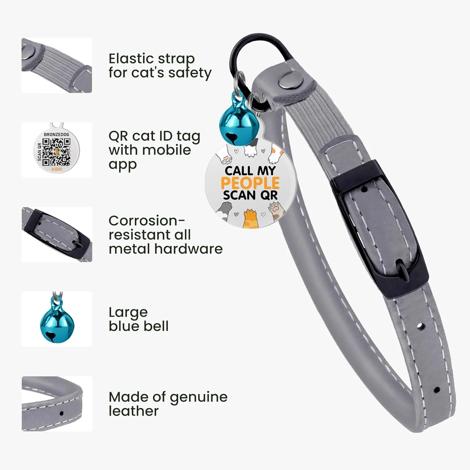 BRONZEDOG Cat Collar with Bell Kitten Rolled Leather Collars Safety QR ID Name Tag (Smoke Grey)