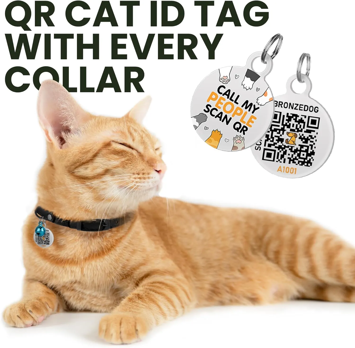 BRONZEDOG Cat Collar with Bell Kitten Rolled Leather Collars Safety QR ID Name Tag (Smoke Grey)
