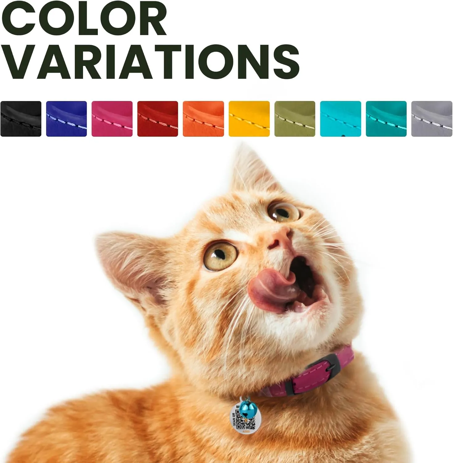 BRONZEDOG Cat Collar with Bell Kitten Rolled Leather Collars Safety QR ID Name Tag (Smoke Grey)