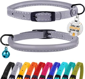 BRONZEDOG Cat Collar with Bell Kitten Rolled Leather Collars Safety QR ID Name Tag (Smoke Grey)