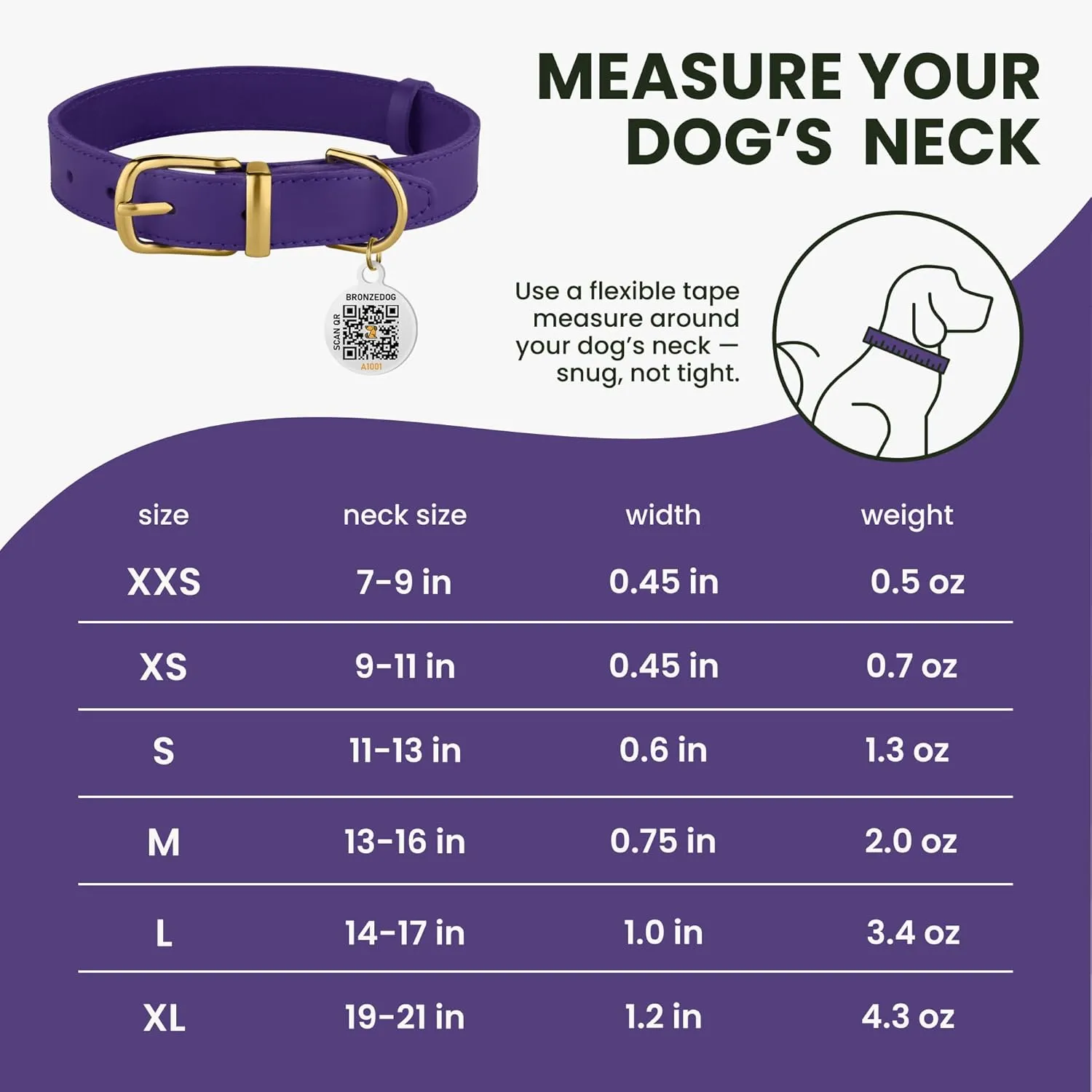 BRONZEDOG Leather Dog Collar with QR ID Tag Basic Pet Collars for Small Mini Dogs Cats Puppies (7-9 Inch (Pack of 1), Purple & Gold Buckle)