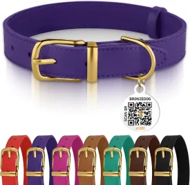 BRONZEDOG Leather Dog Collar with QR ID Tag Basic Pet Collars for Small Mini Dogs Cats Puppies (7-9 Inch (Pack of 1), Purple & Gold Buckle)
