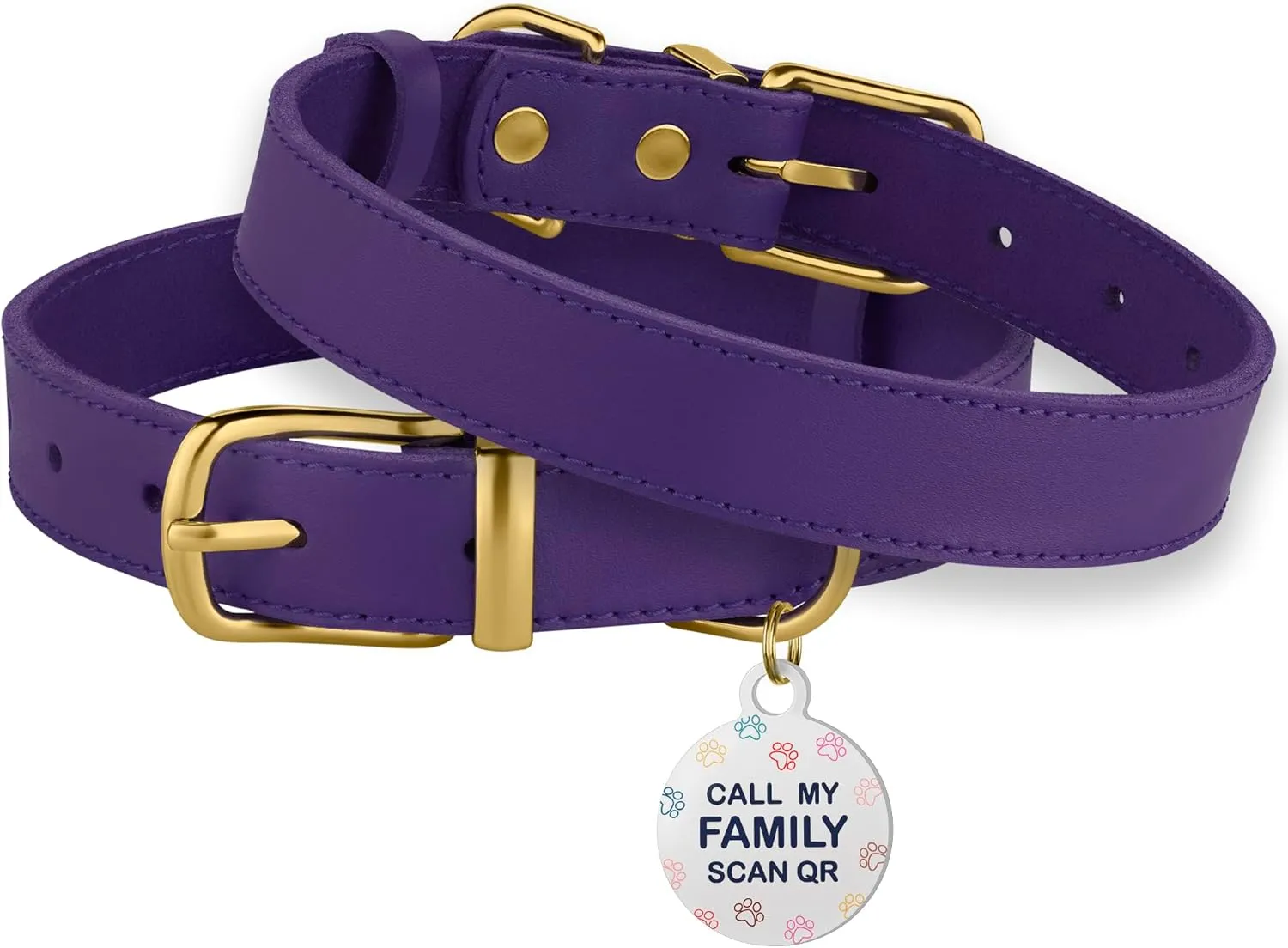 BRONZEDOG Leather Dog Collar with QR ID Tag Basic Pet Collars for Small Mini Dogs Cats Puppies (7-9 Inch (Pack of 1), Purple & Gold Buckle)