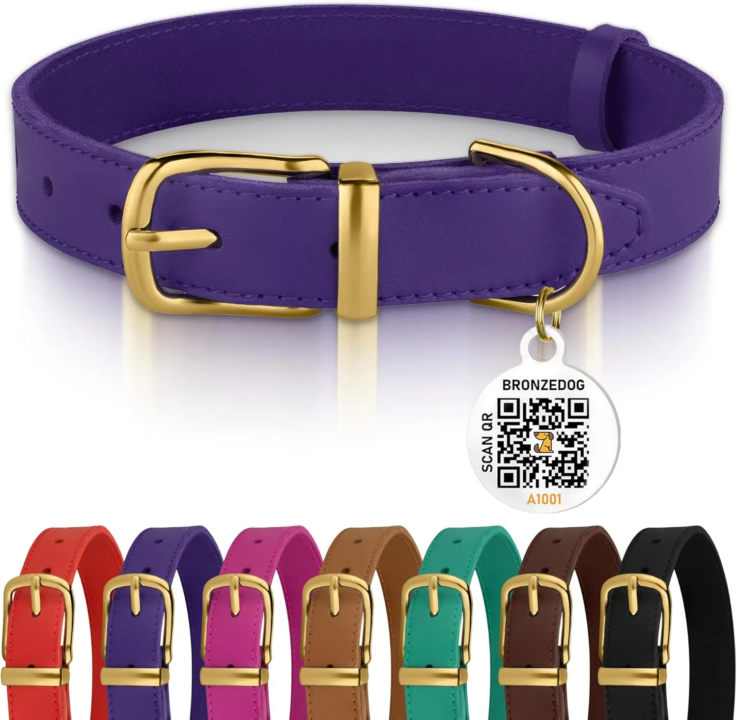 BRONZEDOG Leather Dog Collar with QR ID Tag Basic Pet Collars for Small Mini Dogs Cats Puppies (7-9 Inch (Pack of 1), Purple & Gold Buckle)