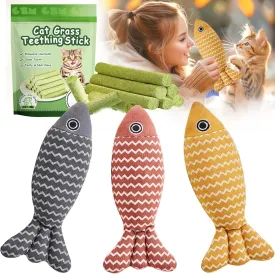 Cat Toys for Indoor Cats 9pcs Wavy Fish Toy Catnip Toys Cats Interactive Toys Kitten Dental Gifts Cat Kicker Grass Stick Kitty Chew Plush with Bells