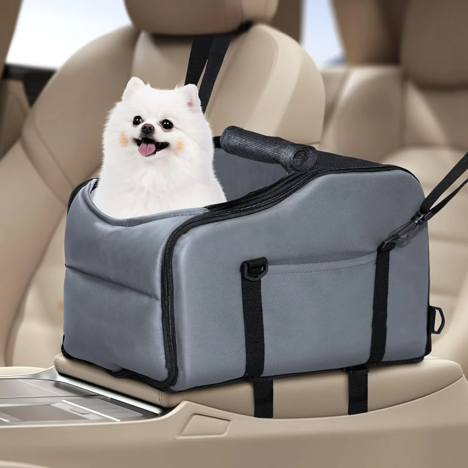 Center Console Dog Car Seat, Portable Dog Car Booster Seats for Small Dogs Up to 9lbs, Foldable Pet Puppy Car Seat with Zippered Mesh Top, Safety Leash, Adjustable Belts, Storage Pockets