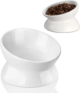 Ceramic Raised Cat Bowls, Slanted Cat Dish Food or Water Bowls, Elevated Porcelain Pet Feeder Bowl Protect Cat's Spine, Stress Free, Backflow Prevention
