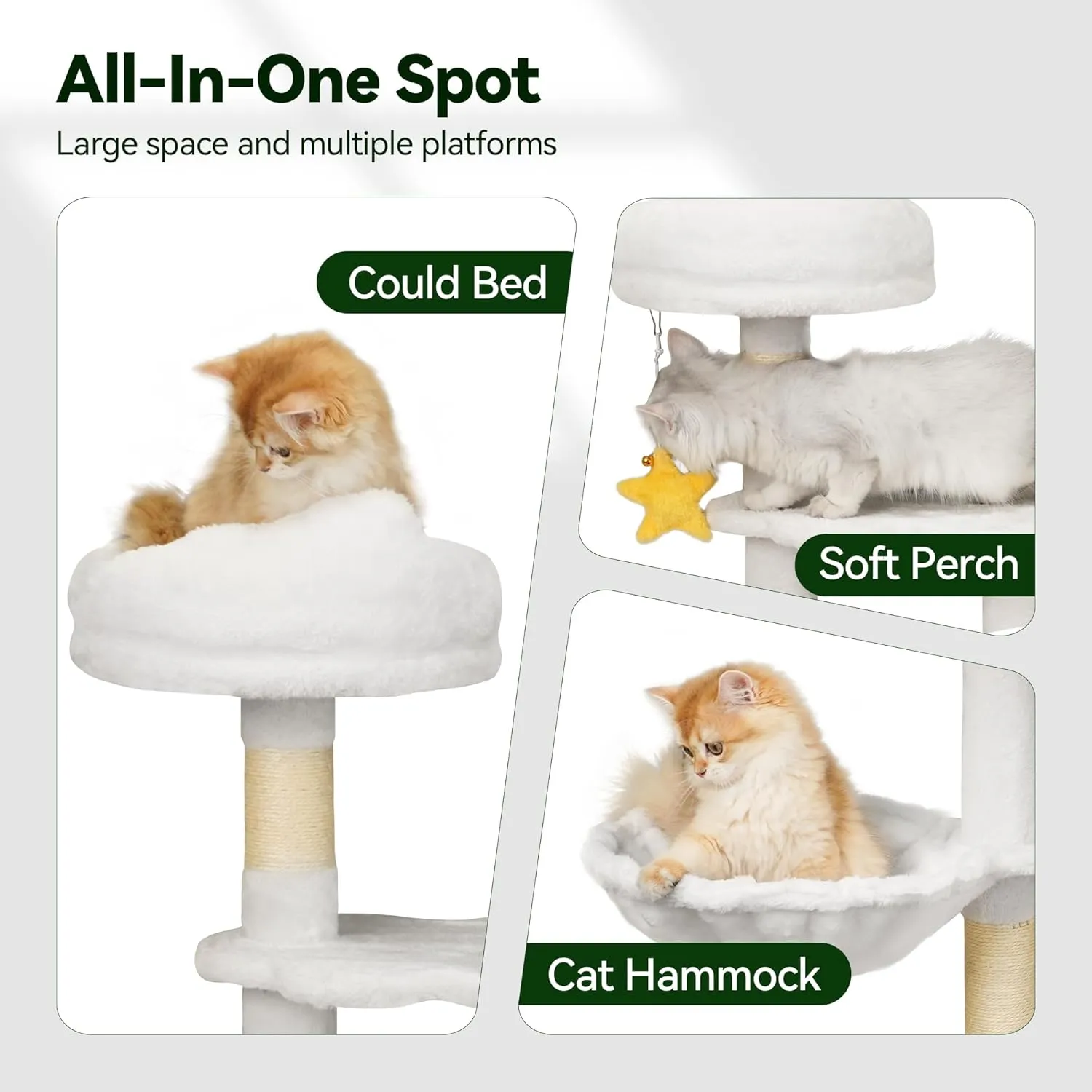 Cloud-Shaped Cat Tree for Kittens Under 6 Months 12lbs, 43" Tall for Small Cats, 1 Hammock & Double Condos, Cat Scratching Post with Dangling Toys, Compact Cat Tower for Kittens, White