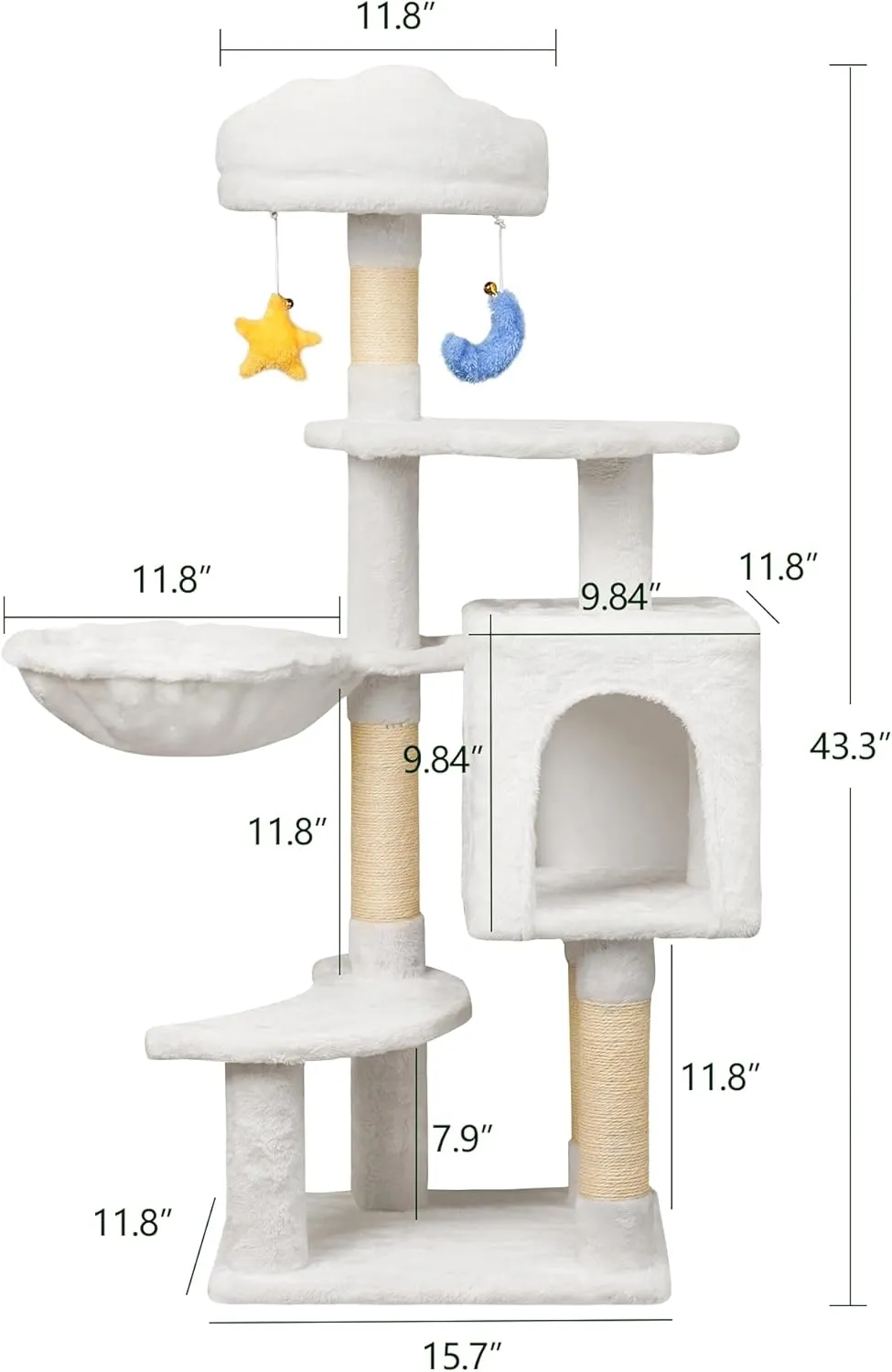 Cloud-Shaped Cat Tree for Kittens Under 6 Months 12lbs, 43" Tall for Small Cats, 1 Hammock & Double Condos, Cat Scratching Post with Dangling Toys, Compact Cat Tower for Kittens, White