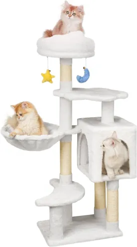 Cloud-Shaped Cat Tree for Kittens Under 6 Months 12lbs, 43" Tall for Small Cats, 1 Hammock & Double Condos, Cat Scratching Post with Dangling Toys, Compact Cat Tower for Kittens, White
