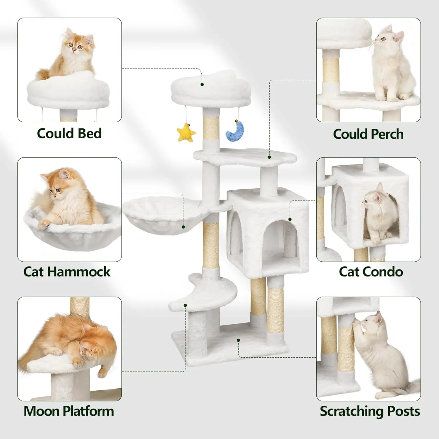 Cloud-Shaped Cat Tree for Kittens Under 6 Months 12lbs, 43" Tall for Small Cats, 1 Hammock & Double Condos, Cat Scratching Post with Dangling Toys, Compact Cat Tower for Kittens, White