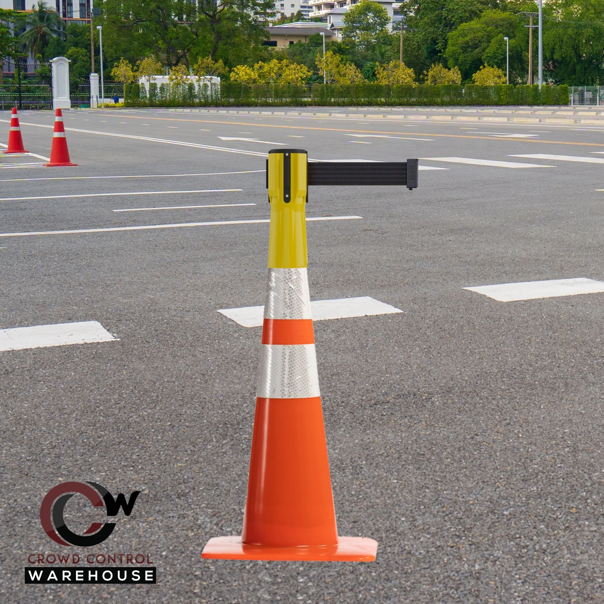 Cone-Mounted Retractable Belt Barrier, 9 Ft. - Trafford Industrial