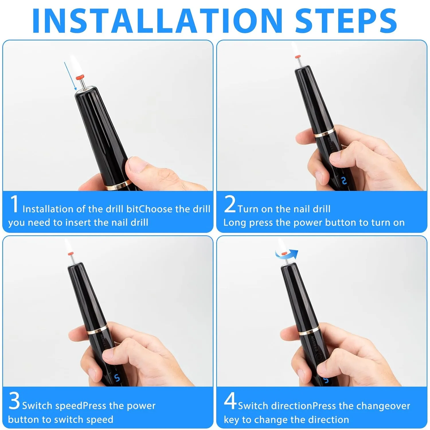 Cordless Electric Nail Drill with 360 Ring Light, Portable Nail File Kit for Acrylic, Gel Nails, Portable Home Manicure Kit for Manicure and Pedicure (Black)
