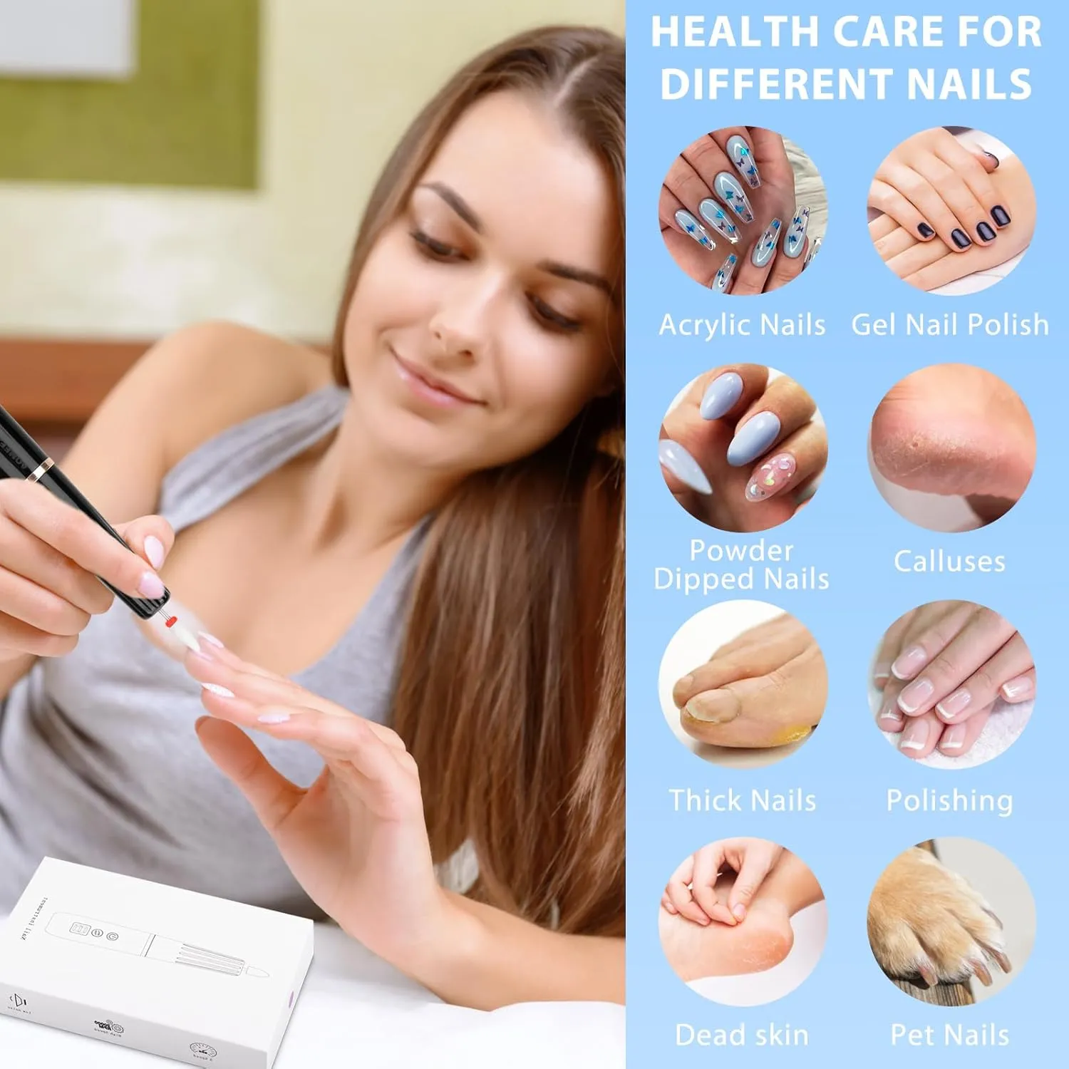Cordless Electric Nail Drill with 360 Ring Light, Portable Nail File Kit for Acrylic, Gel Nails, Portable Home Manicure Kit for Manicure and Pedicure (Black)