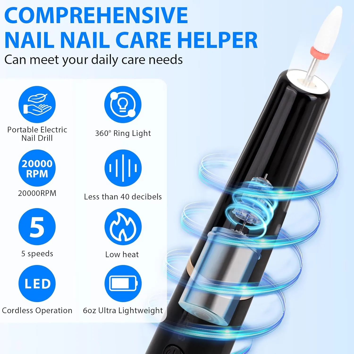 Cordless Electric Nail Drill with 360 Ring Light, Portable Nail File Kit for Acrylic, Gel Nails, Portable Home Manicure Kit for Manicure and Pedicure (Black)