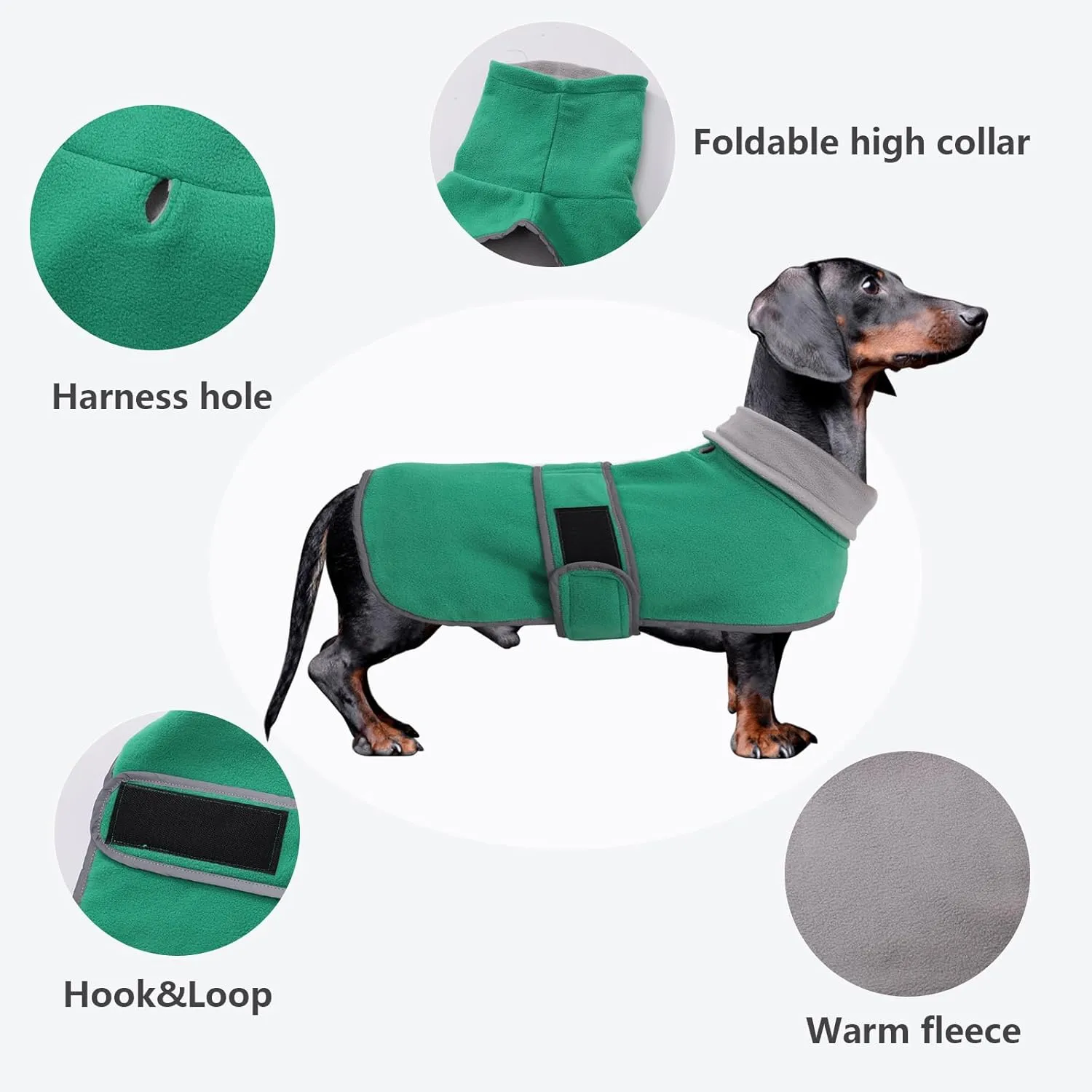 Dachshund Coats Sausage Dog Fleece Coat in Winter Miniature Dachshund Clothes with Hook and Loop Closure and high vis Reflective Trim Safety - Green - S