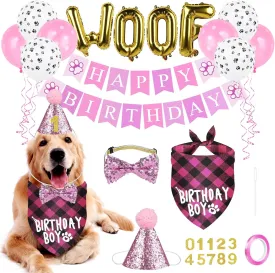 Dog Birthday Bandana Hat Banner Set, WOOF Balloons Happy Birthday Banner, Cat & Puppy Party Decorations in Pink