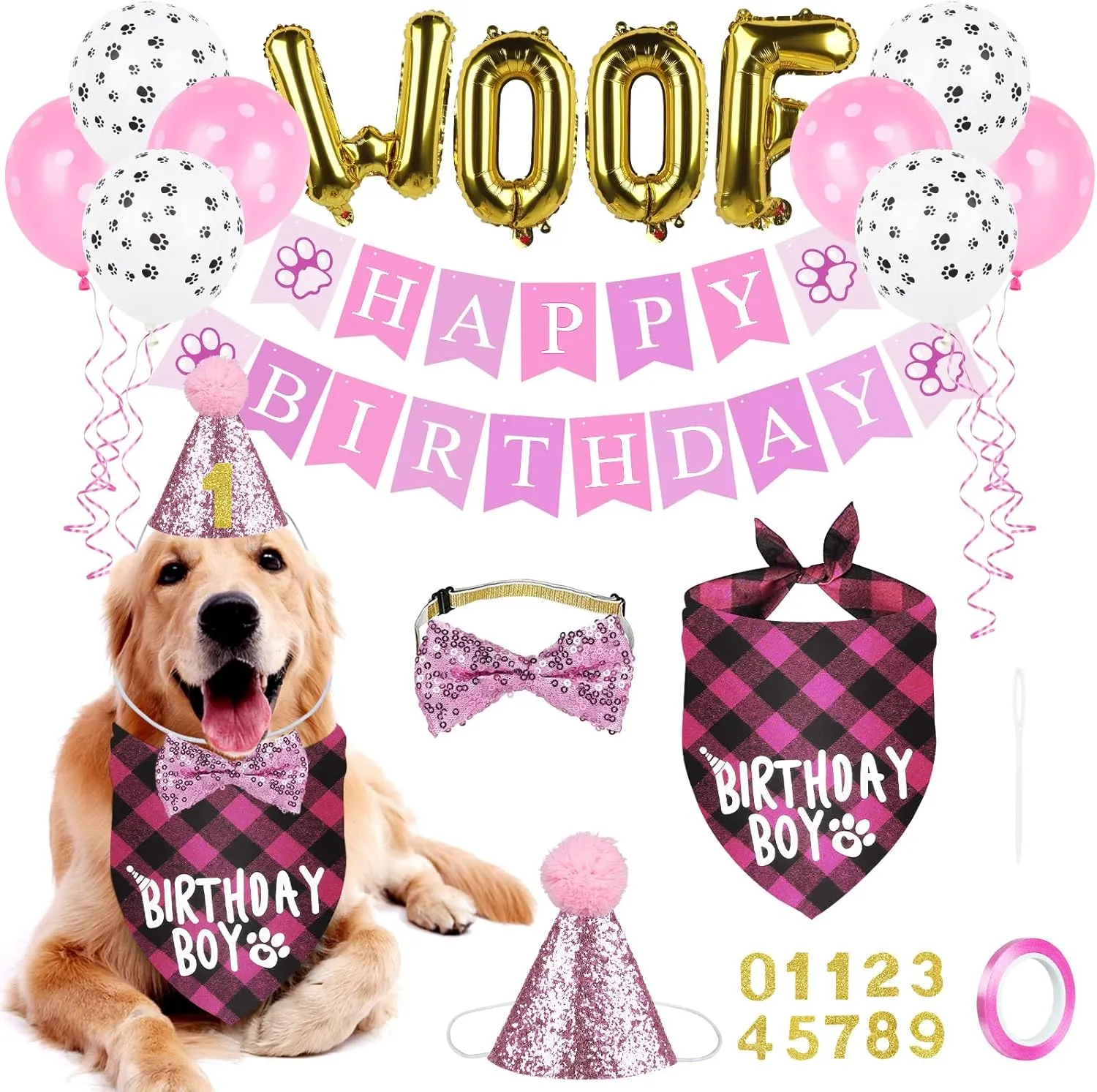 Dog Birthday Bandana Hat Banner Set, WOOF Balloons Happy Birthday Banner, Cat & Puppy Party Decorations in Pink