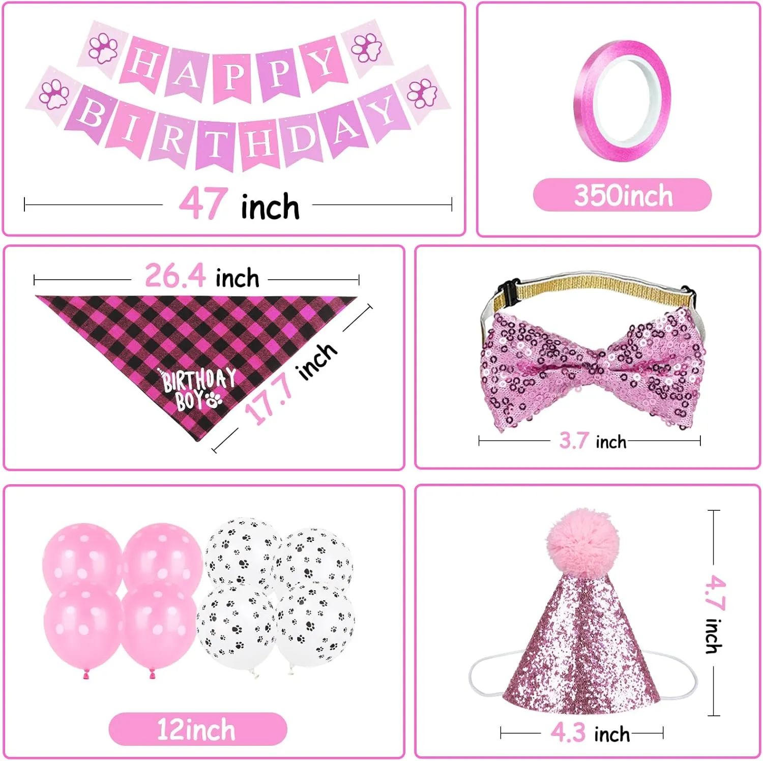 Dog Birthday Bandana Hat Banner Set, WOOF Balloons Happy Birthday Banner, Cat & Puppy Party Decorations in Pink