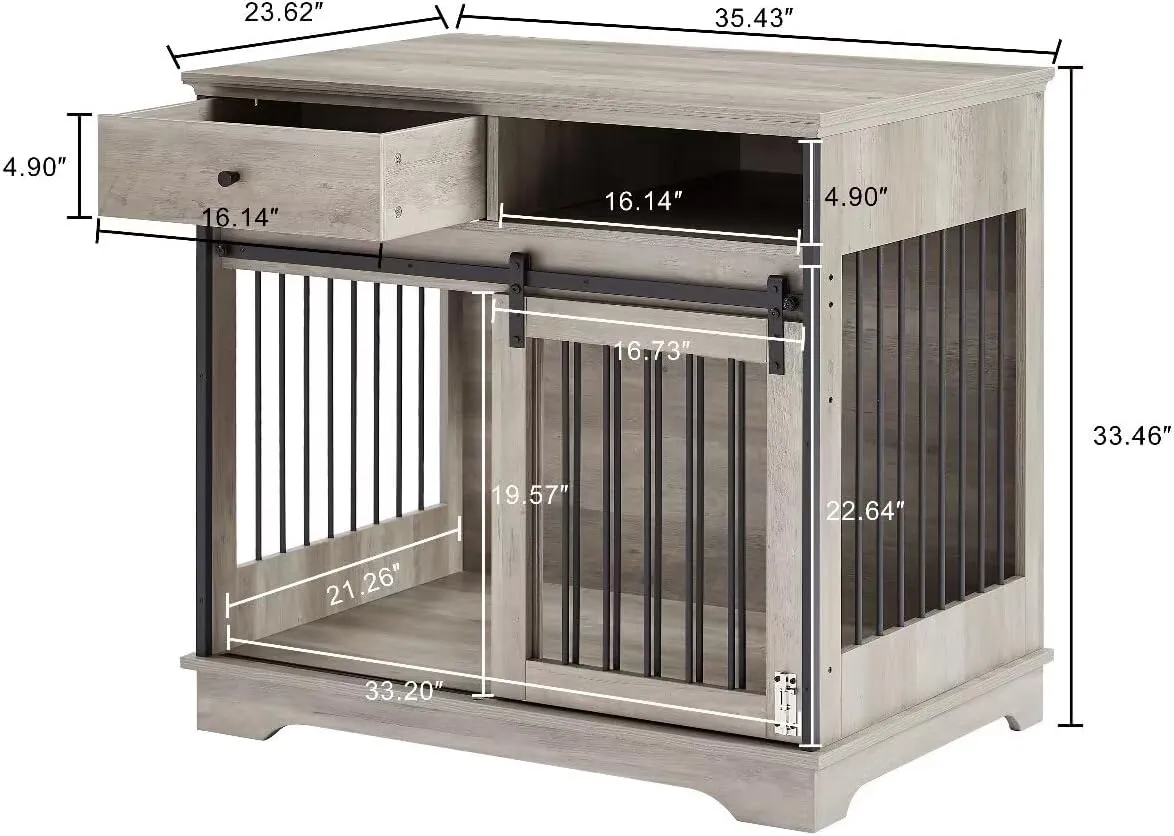 Dog Crate Wooden Furniture Dog Crate with Drawers Furniture Style Dog Cage with Side Door for Medium and Large Dogs,35.43" x 23.62" x 33.46",Grey