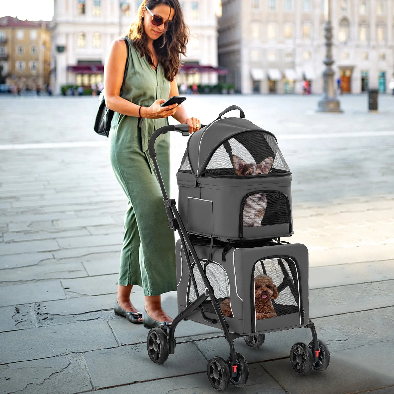 Foldable Double Pet Stroller with Detachable Carriers-Grey