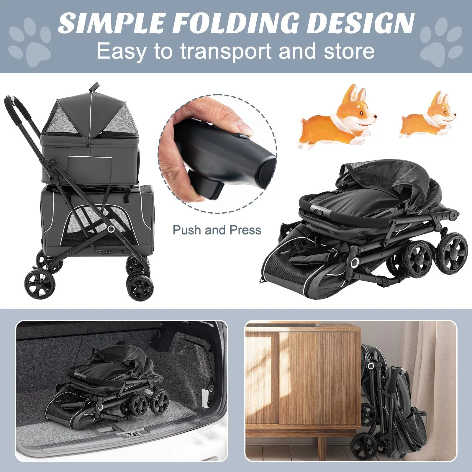 Foldable Double Pet Stroller with Detachable Carriers-Grey